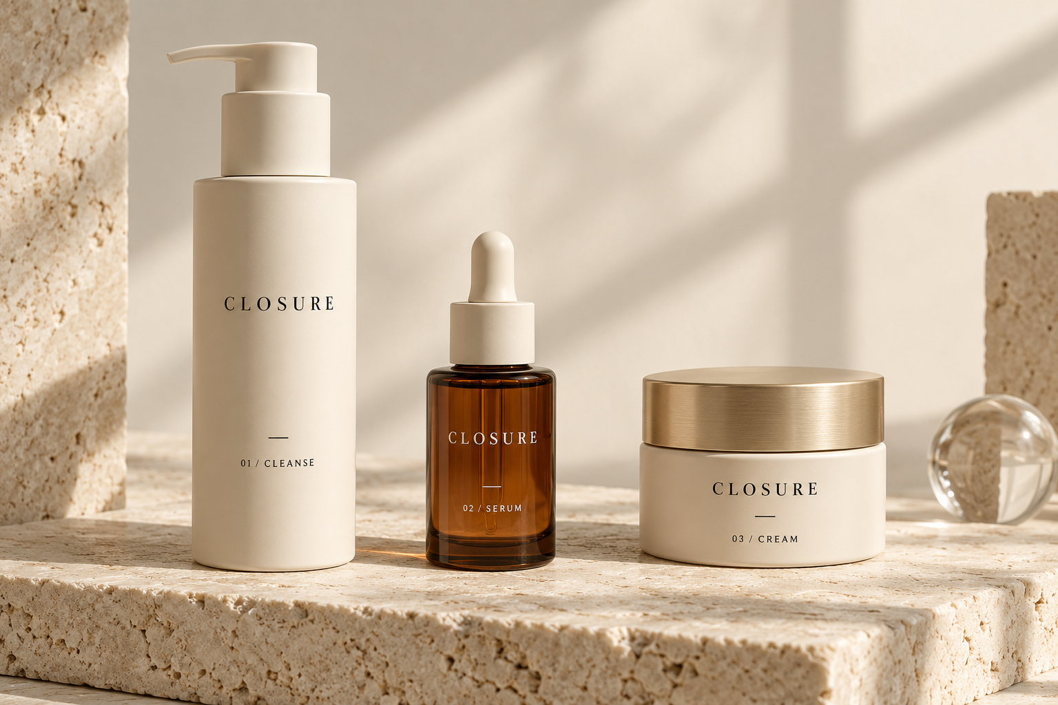 CLOSURE cleanser, amber serum bottle and cream jar packaging concepts